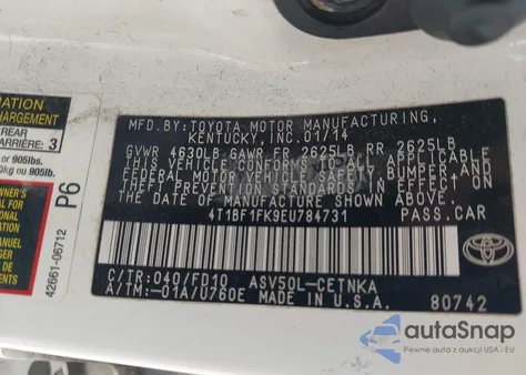 2014 Toyota Camry Le from USA, damaged, VIN 4T1BF1FK9EU784731